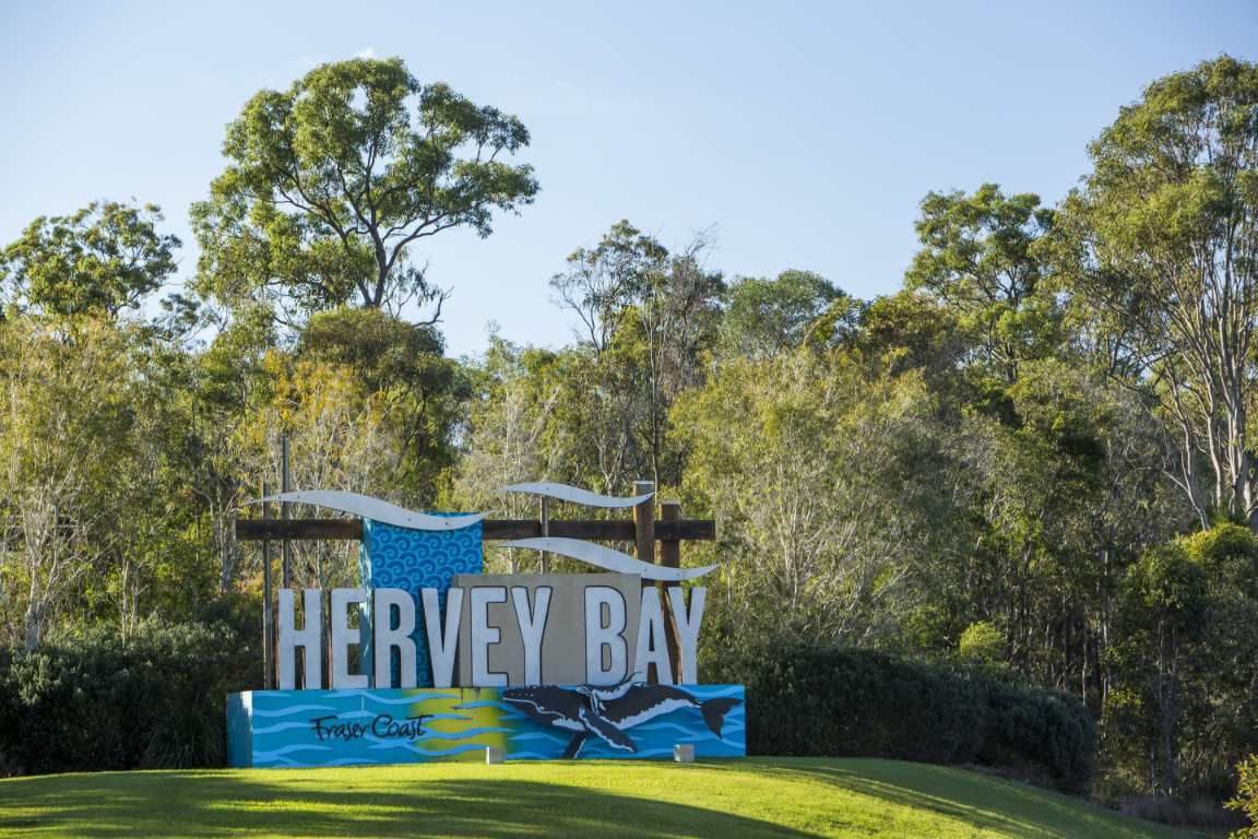 A Sign for Hervey Bay is Sitting on Top of a Grassy Hill Surrounded by Trees — Wide Bay Hydroponics In Hervey Bay, QLD