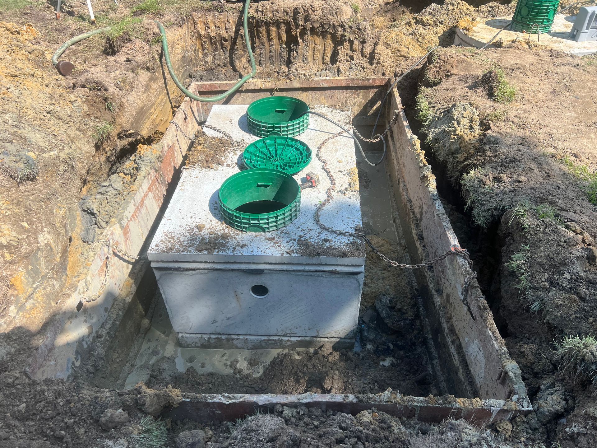Septic tank installed ready for piping and distribution box.