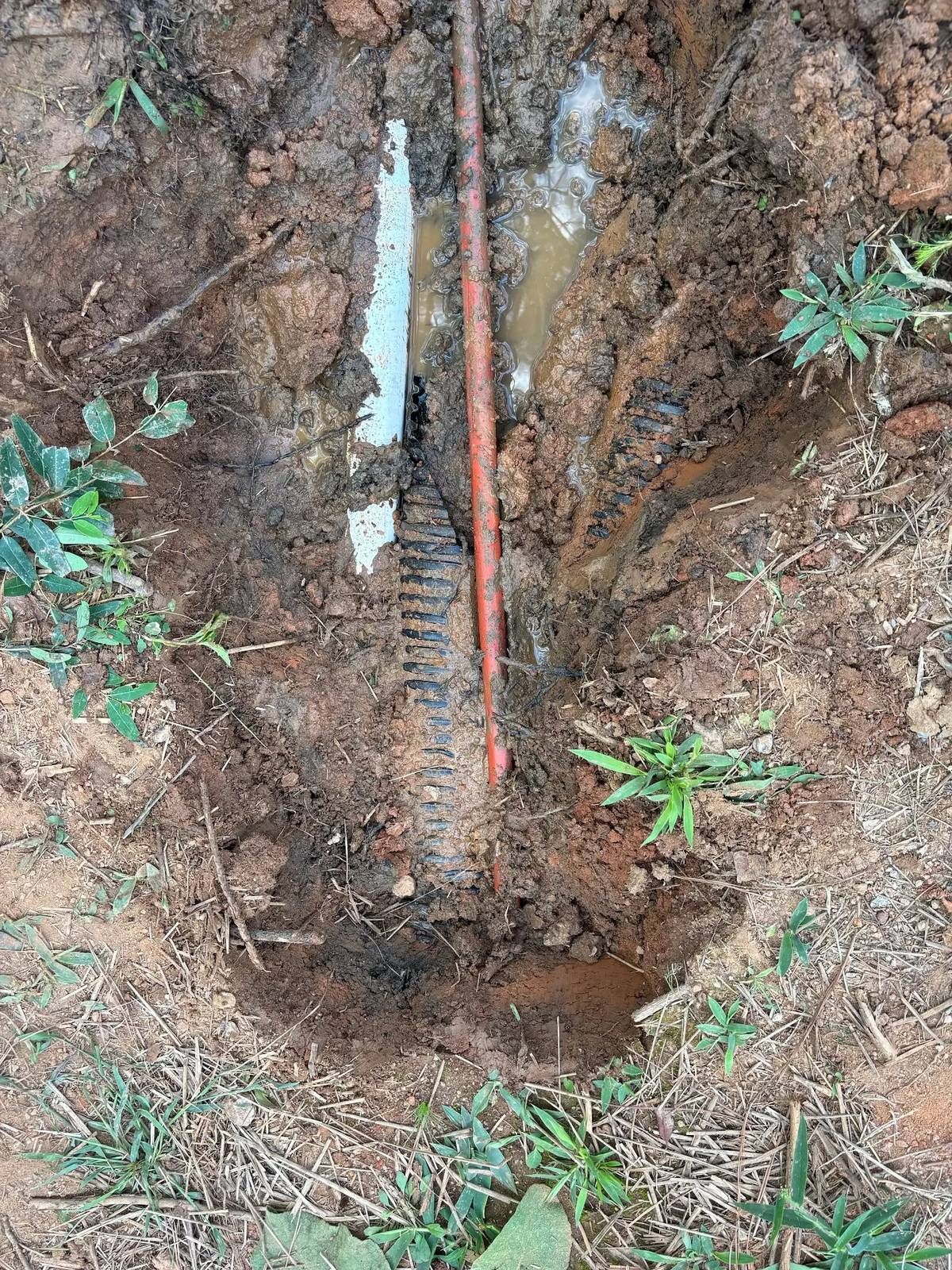Exposed septic line during septic system repair in Central Virginia