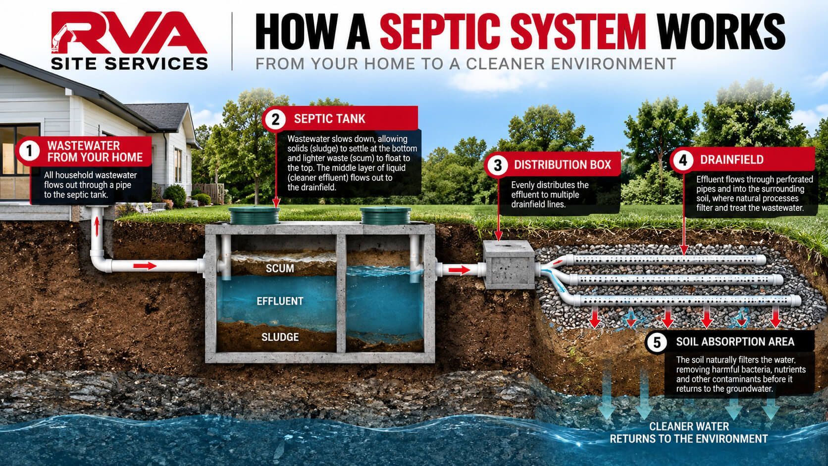 A visual representation of how a septic tank system works.