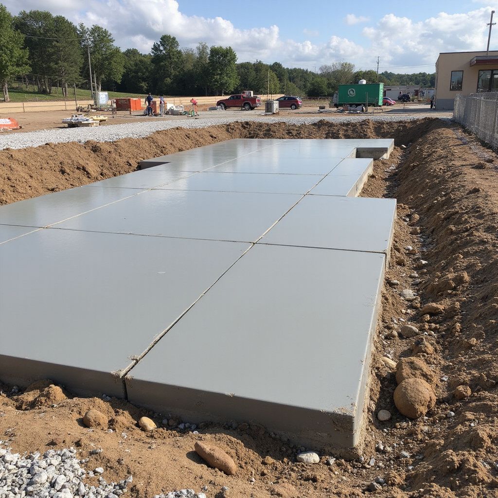 Freshly poured concrete foundation slab at a construction site with excavated dirt trenches.