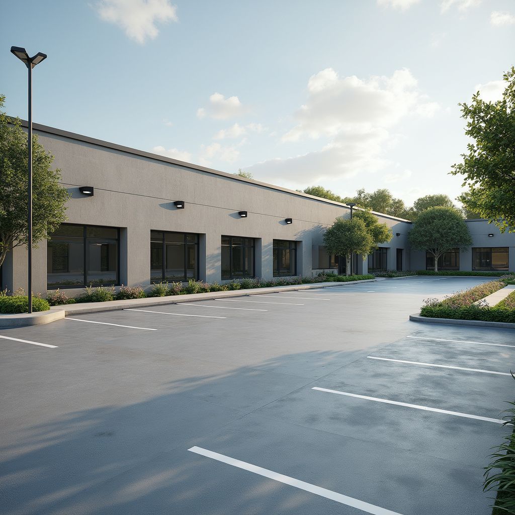 A digital rendering of a low-rise commercial building exterior with a paved parking lot under a sunny blue sky.