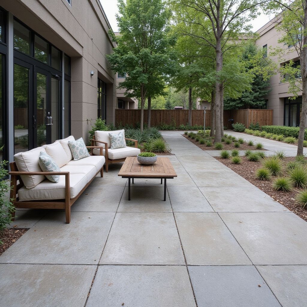 A patio with a wooden sofa and coffee table next to a building, with trees and a walkway in the background.