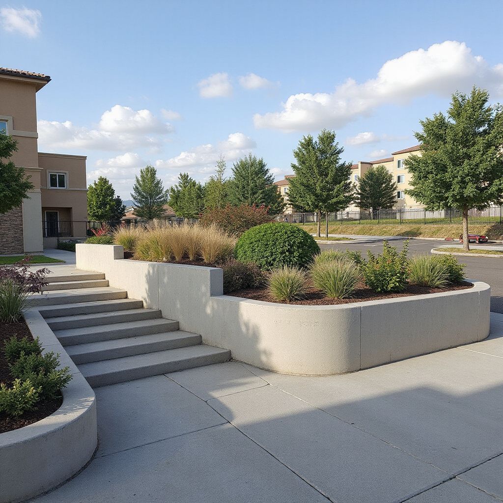 Concrete stairs and a curved planter box with shrubs and grasses in a sunny apartment complex courtyard.