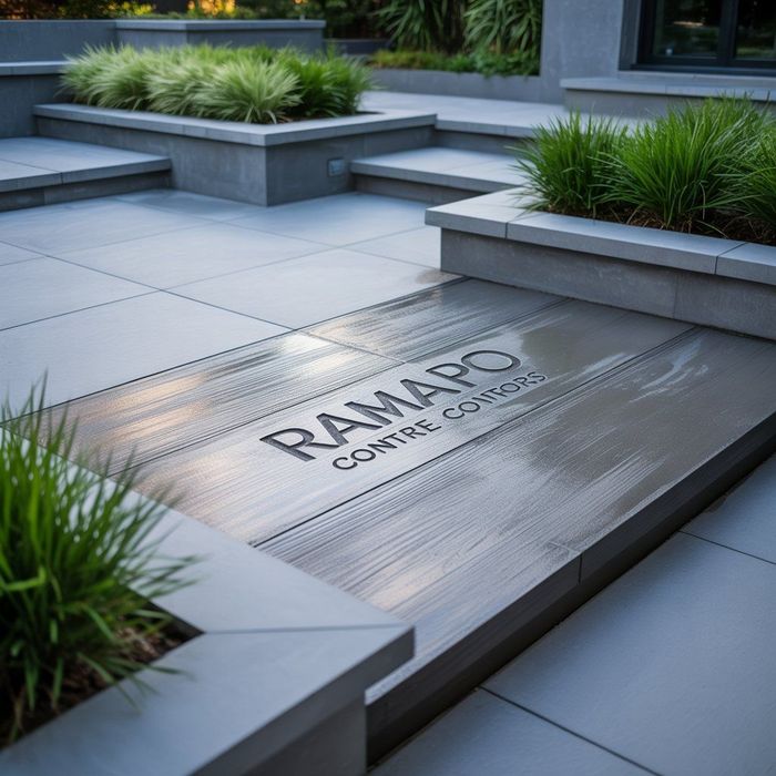 Modern patio with tiered planters and gray paving; 
