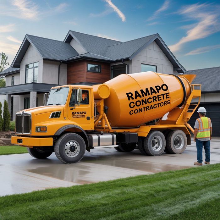 Yellow concrete mixer truck in front of a house, construction worker in safety vest.