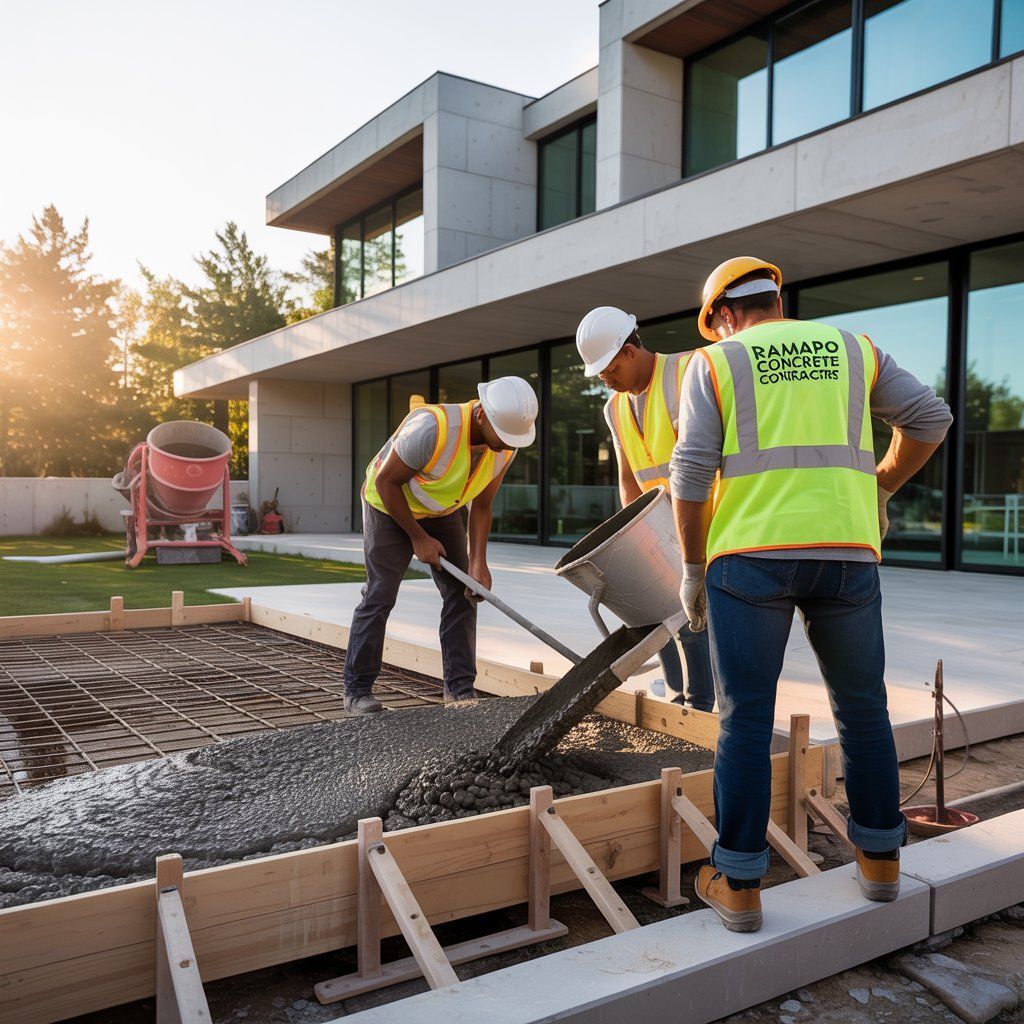 Construction workers pouring concrete at a modern house, wearing safety vests and helmets.