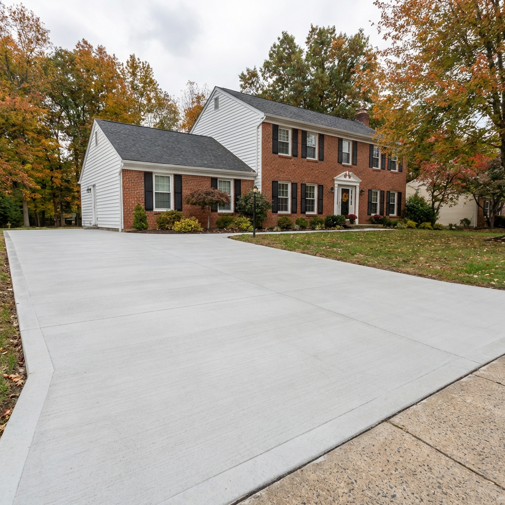 Freshly resurfaced concrete driveway at a colonial home in Rockland County, NY by Ramapo Concrete Co