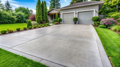 Concrete driveway leading to a two-car garage, lined with green grass and manicured landscaping.