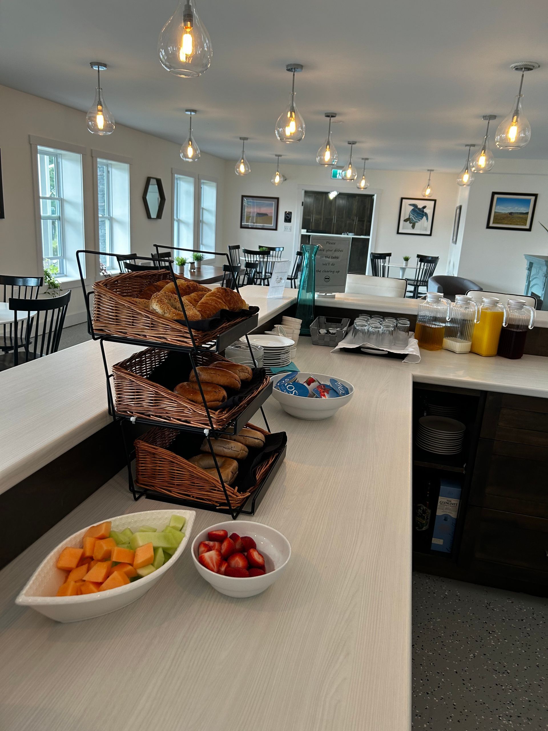 A buffet table with a bunch of food on it