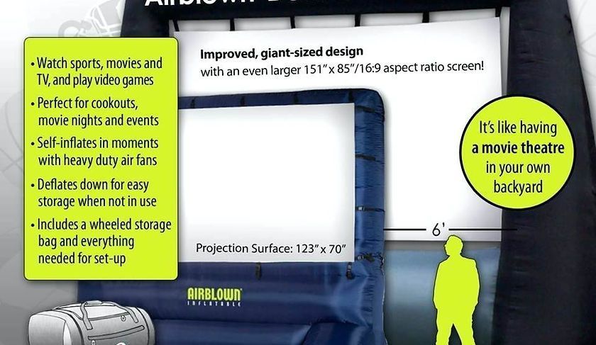 Inflatable outdoor movie screen setup: large screen, text, person silhouette, storage bag, and key features.