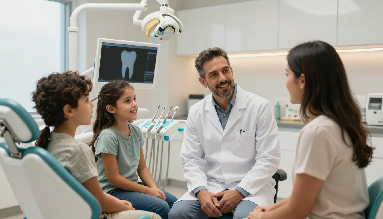 Odontólogo conversando con una familia durante una valoración
