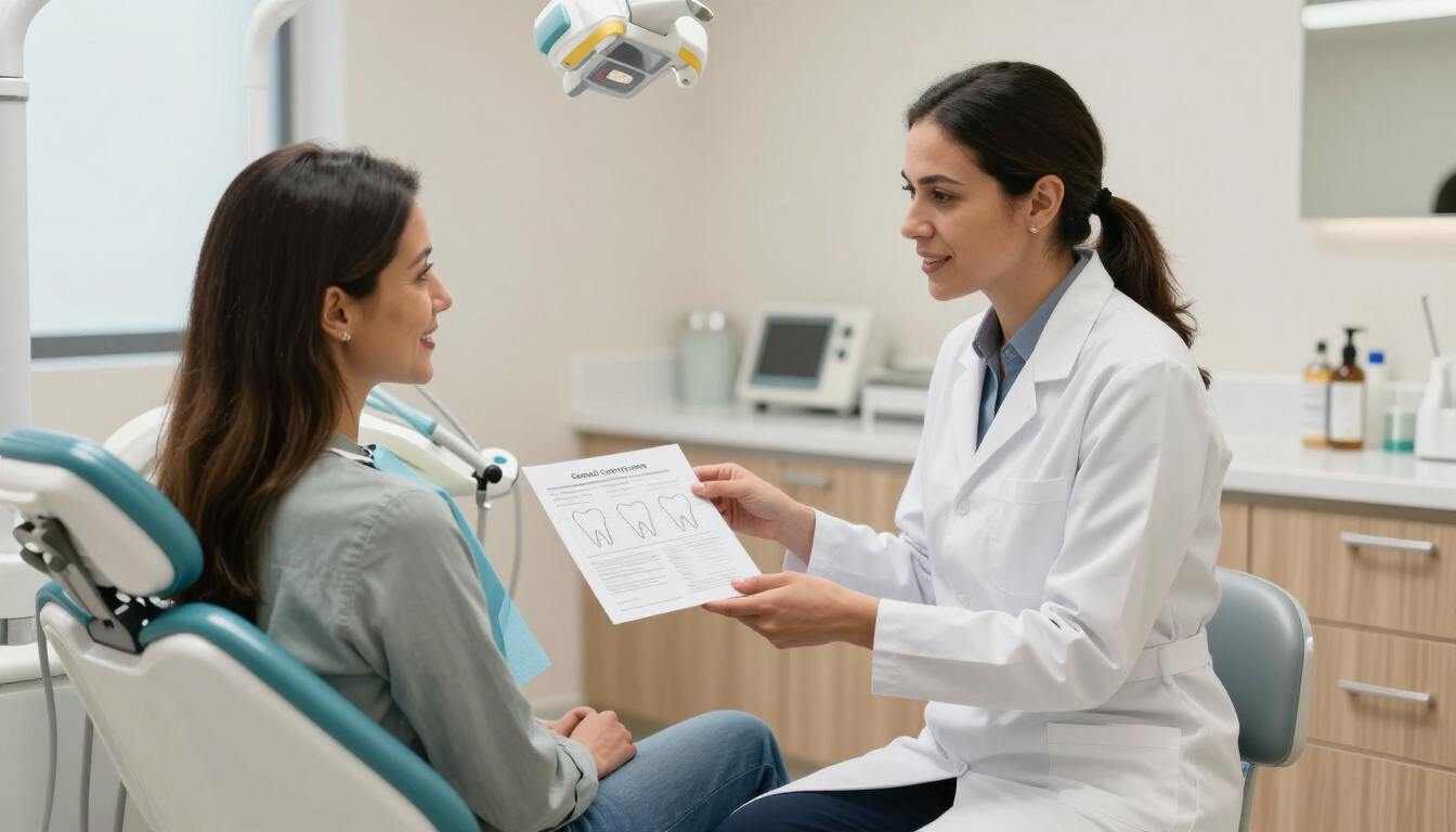 Profesional de odontología explicando un plan de cuidado oral a una paciente