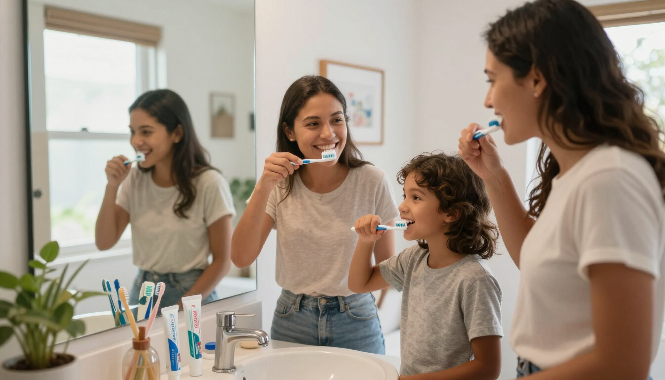 Familia organizando una rutina de cuidado oral en casa después de una consulta odontológica