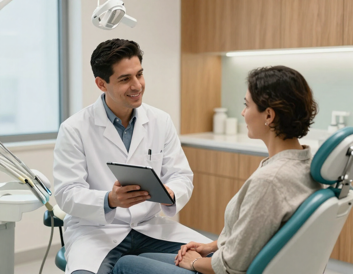 Profesional odontológico conversando con una paciente durante una valoración