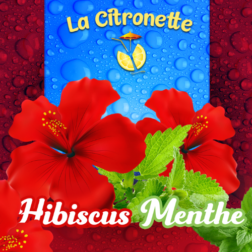 Une étiquette pour la citronnette hibiscus menthe avec des fleurs rouges et des feuilles vertes