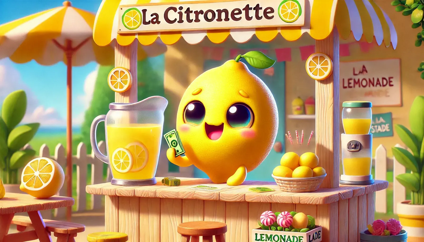 Un citron se tient devant un stand de limonade.