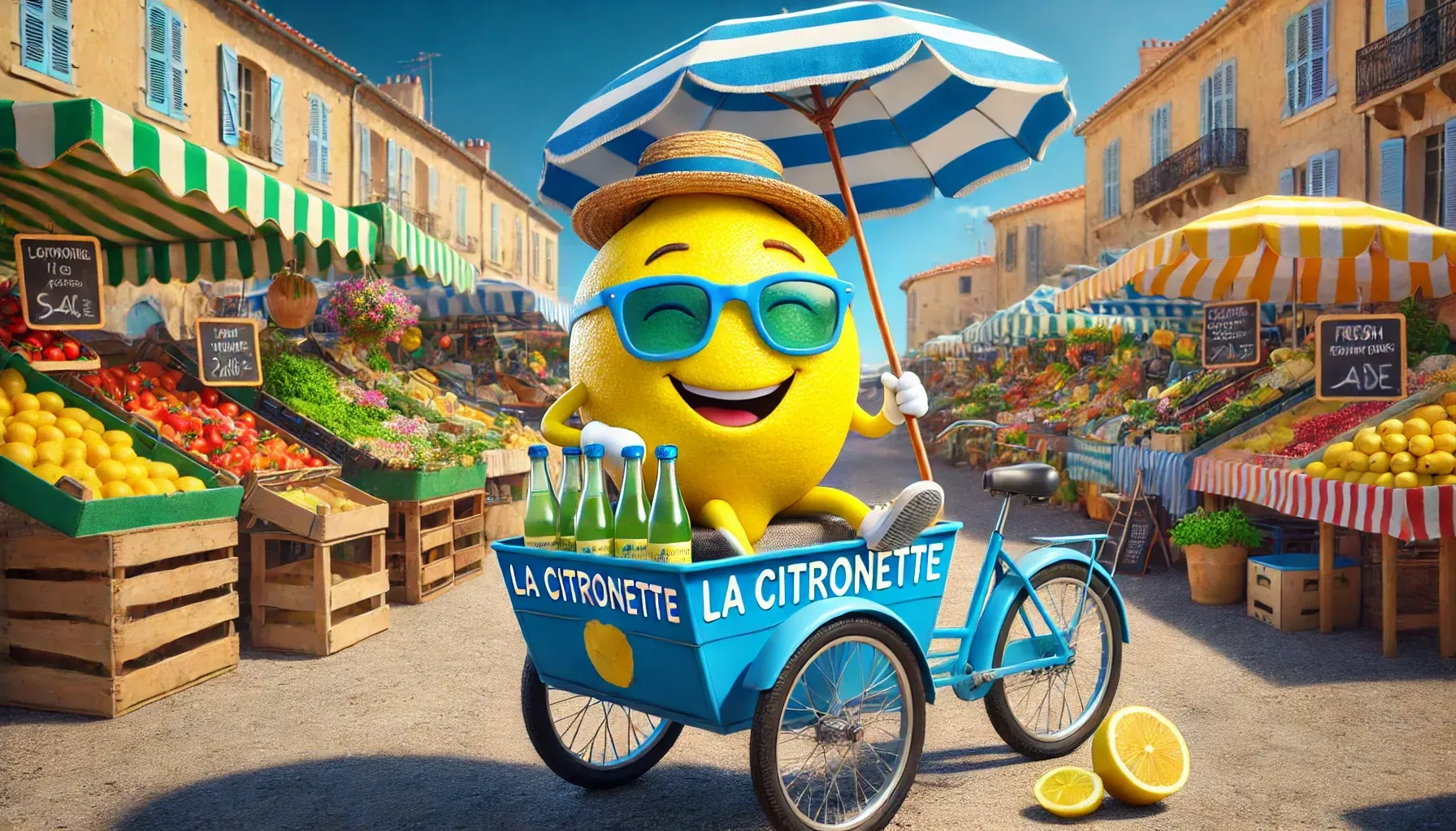 Un citron jaune fait du vélo avec un parapluie sur un marché.