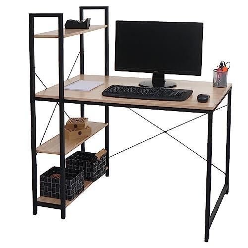 Una scrivania per computer con monitor, tastiera, mouse e ripiani.