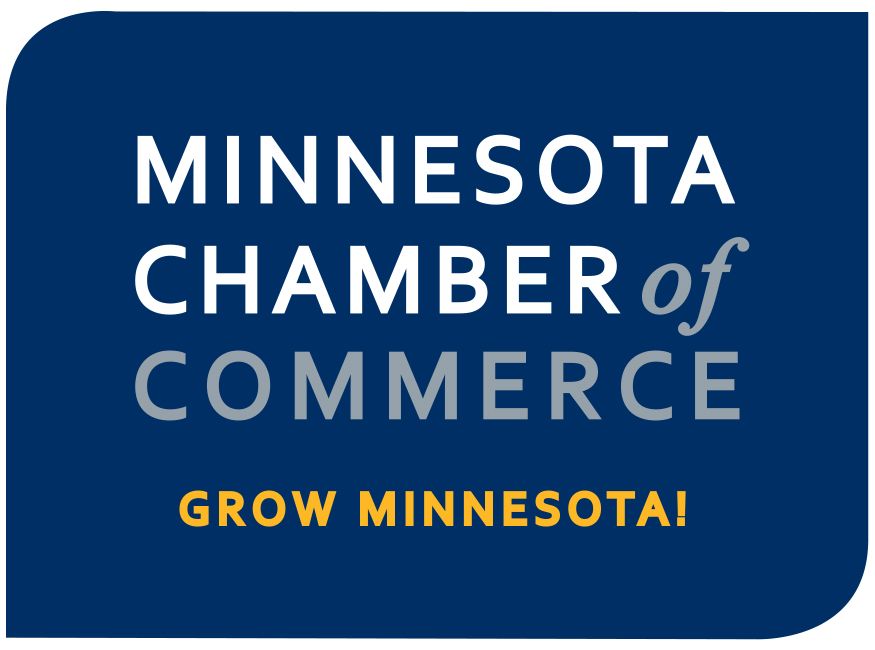 The minnesota chamber of commerce logo is blue and white and says `` grow minnesota ''.