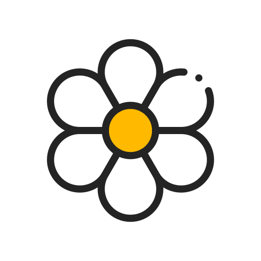 A line drawing of a flower with a yellow center.