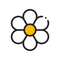 A line drawing of a flower with a yellow center.