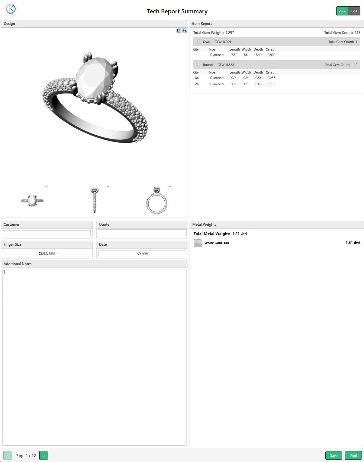Screenshot of a jewelry design app showing a 3D diamond ring model and editing panels