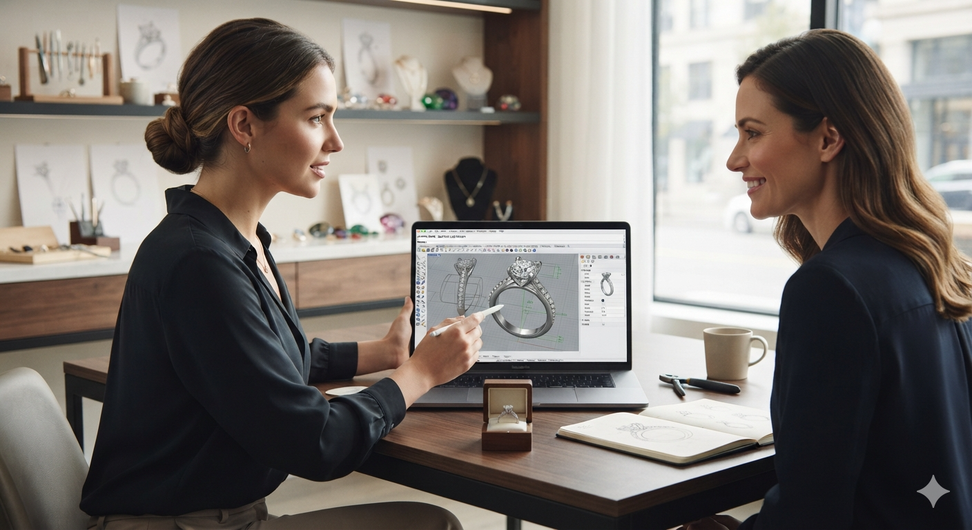 Two women discussing a ring design.