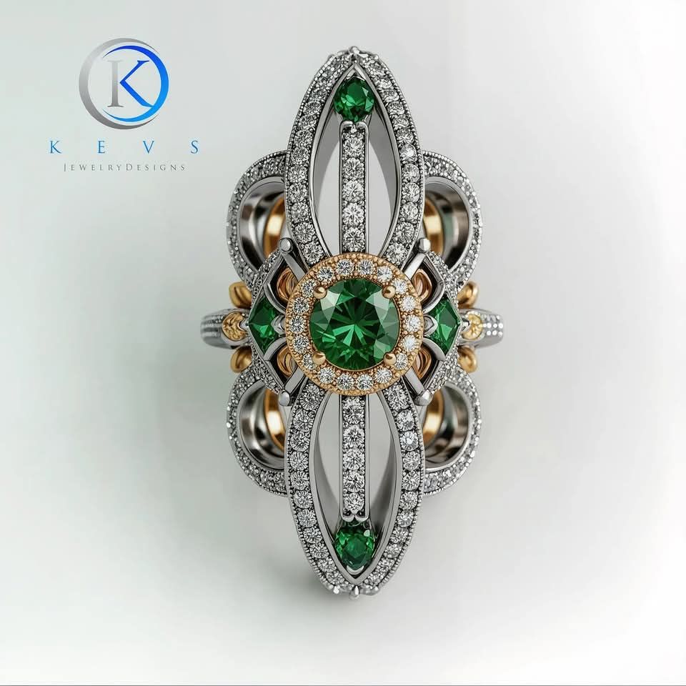 Art Deco-style diamond and emerald pendant with gold accents on a white background