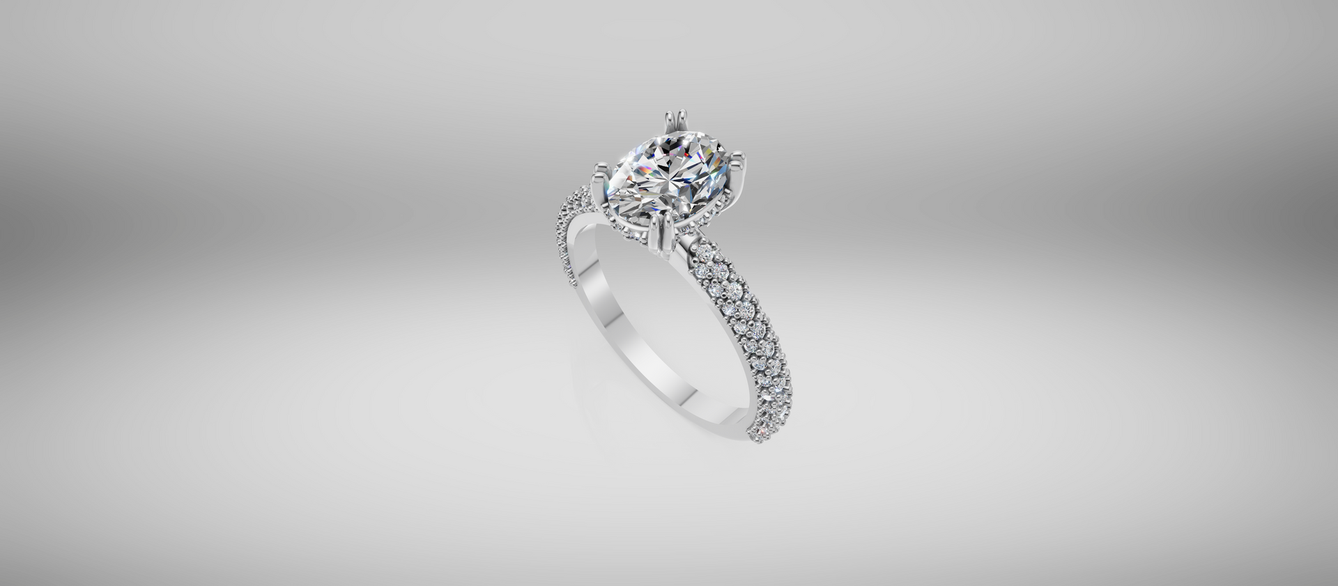 Silver diamond engagement ring on a light gray background