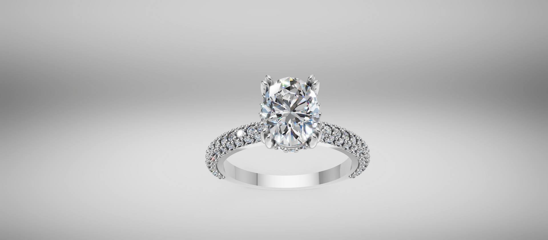 Diamond engagement ring on a silver band against a soft gray background