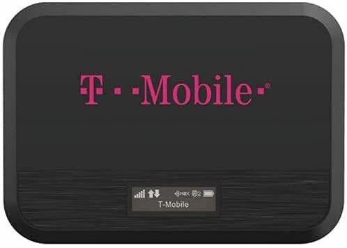 A black T-Mobile mobile hotspot device with a small screen showing signal, data, and battery status.