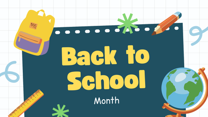 MPPL Back to School Month with a blue chalkboard, globe, ruler, and backpack.
