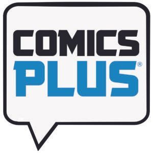 Logo for Comics Plus featuring the word "COMICS" in black and "PLUS" in blue inside a white speech bubble.