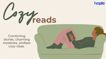 Cream background with a girl laying on a green couch reading a book with headphones.