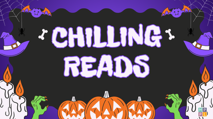 Black background with 3 orange pumpkins, candles, green hands, witches' hats, bones, and bats.