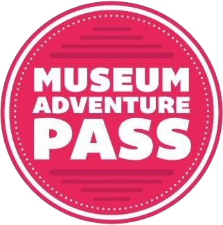 Circular pink logo with white text reading