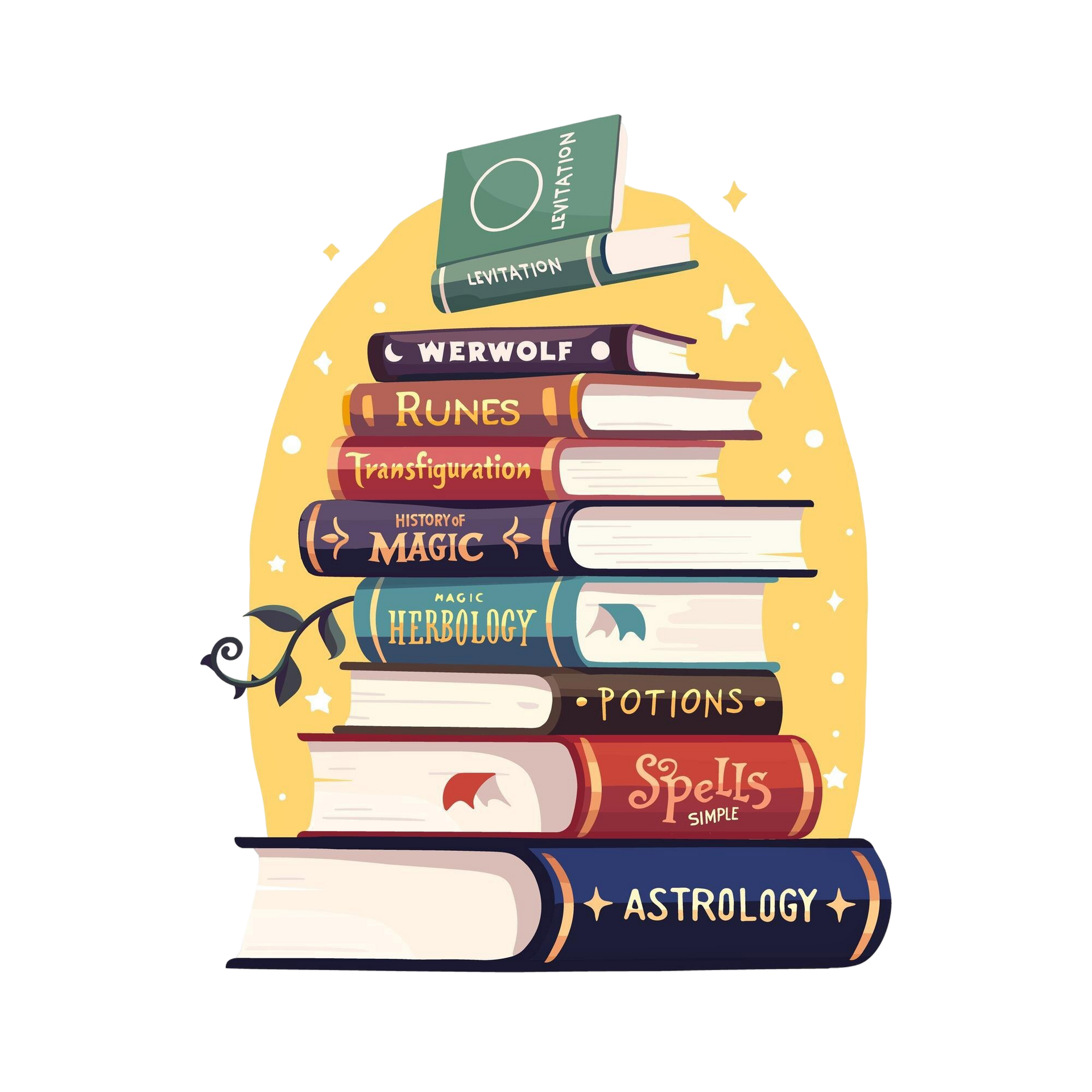 A stack of colorful magical textbooks, including titles like Spells, Potions, and Astrology, against a yellow background.