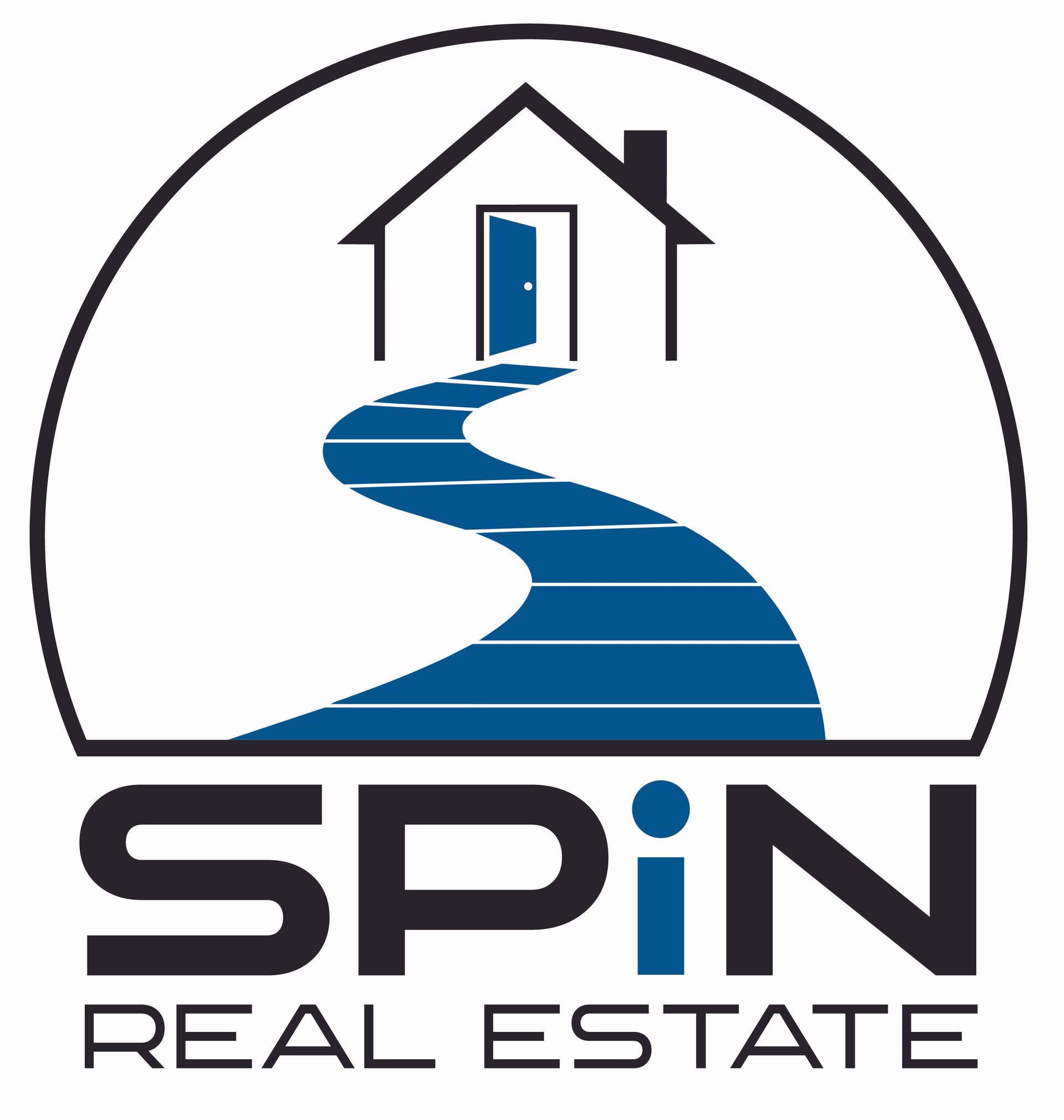 SPiN Real Estate logo with a blue winding road leading to a house icon