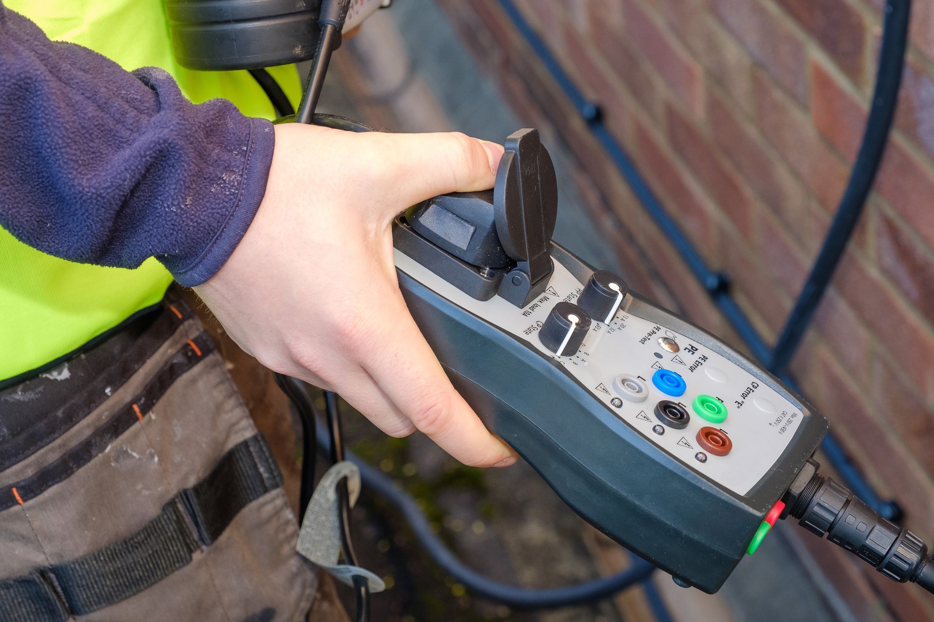 Hand holding a cable tester against a brick wall with wires attached