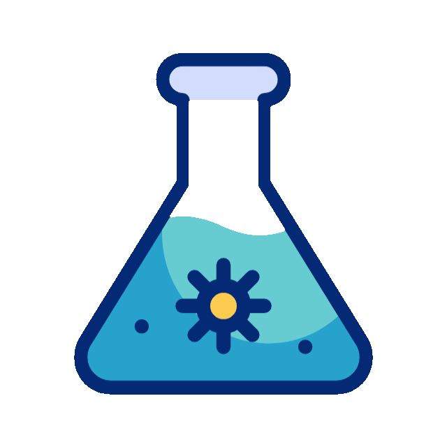 A blue Erlenmeyer flask filled with a blue liquid containing a gear-shaped icon and two dots.