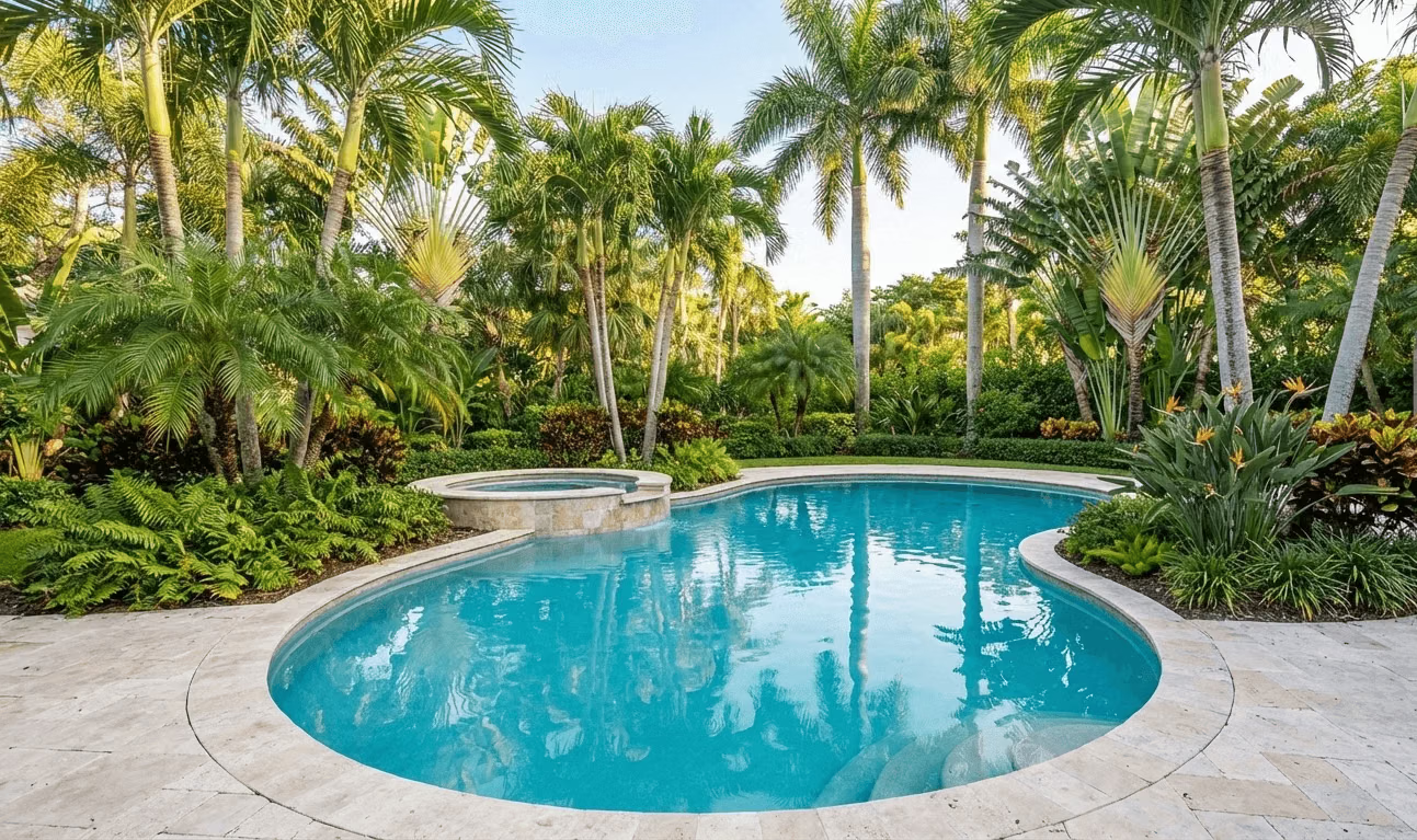 A kidney-shaped swimming pool with an attached spa, surrounded by stone decking and lush tropical landscaping.