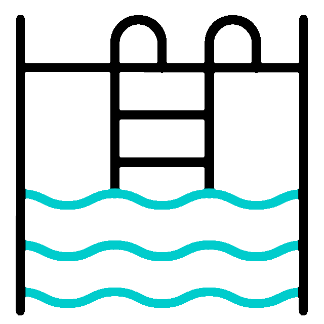 Icon of a swimming pool with a ladder and turquoise waves.