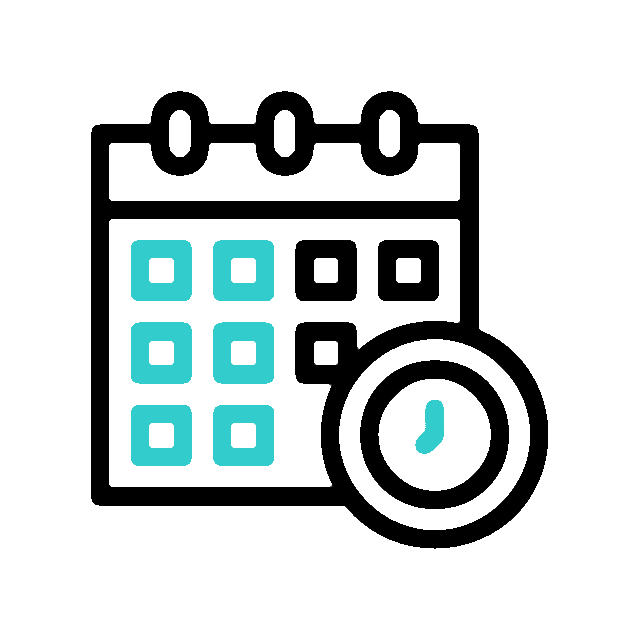 A calendar icon with a clock overlay, featuring teal squares and a black outline.
