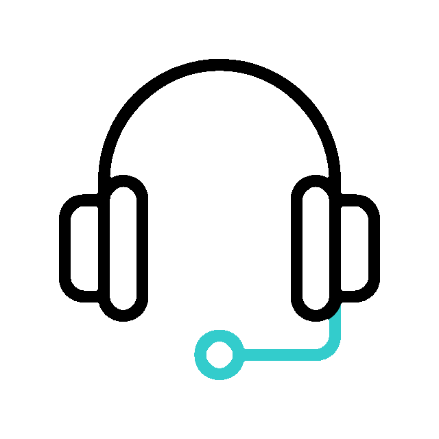 A black outline of headphones with a teal-colored microphone arm extending from the right ear cup.