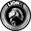 LionX Martial Arts Academy logo with white lion head on black and silver circular emblem