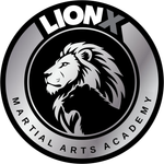 LionX Martial Arts Academy logo with white lion head on black and silver circular emblem