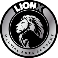 LionX Martial Arts Academy logo with white lion head on black and silver circular emblem