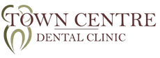 Town Centre Dental Clinic logo with burgundy and olive green text and tooth emblem