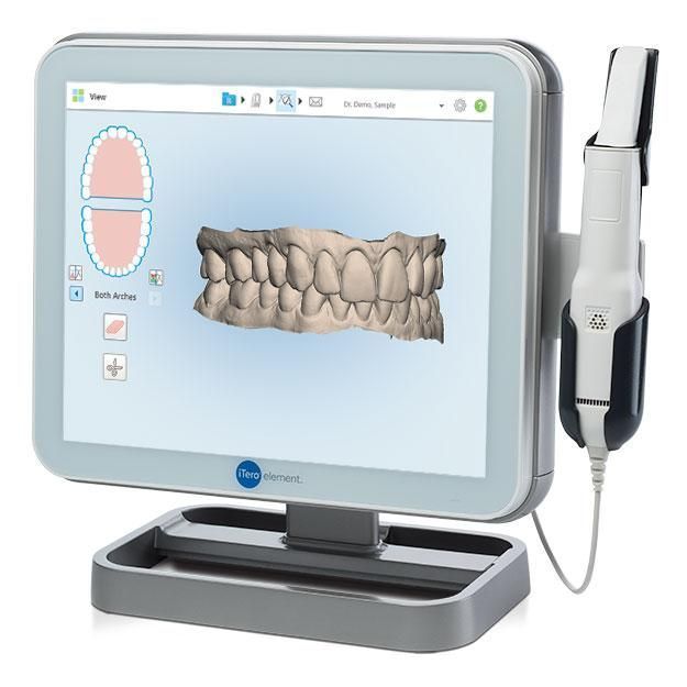 Dental 3D scanner with touchscreen display and handheld probe on a stand